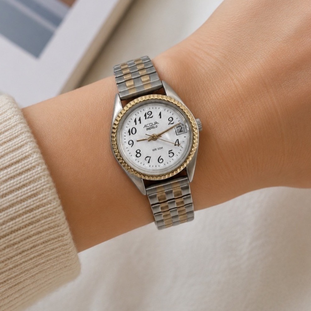 Vintage Timex Acqua Indiglo Womens Watch Two Tone Stretch Band New Battery *SEE